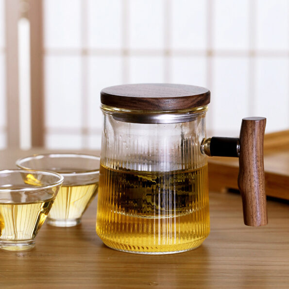 Teekannu – Lasi muki puisella kannella ja kahvalla (sisäinen lasisuodatin), elegantti muotoilu – 350 ml / 400 ml