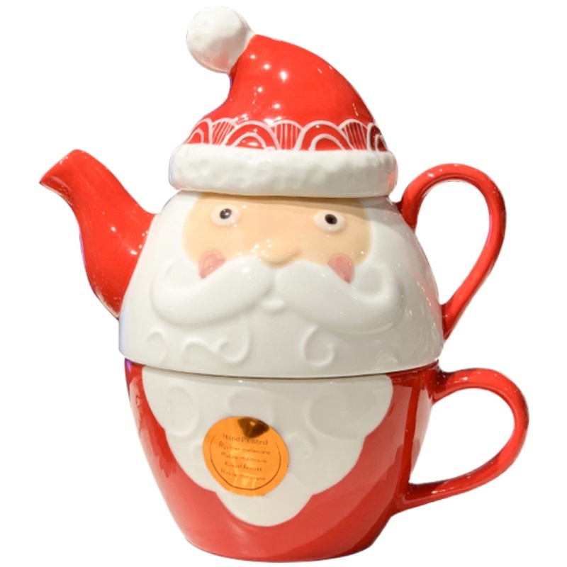 Sarjakuvatyylinen Joulupukki-teesetti – Luova keraaminen teekannu ja muki - Image 2