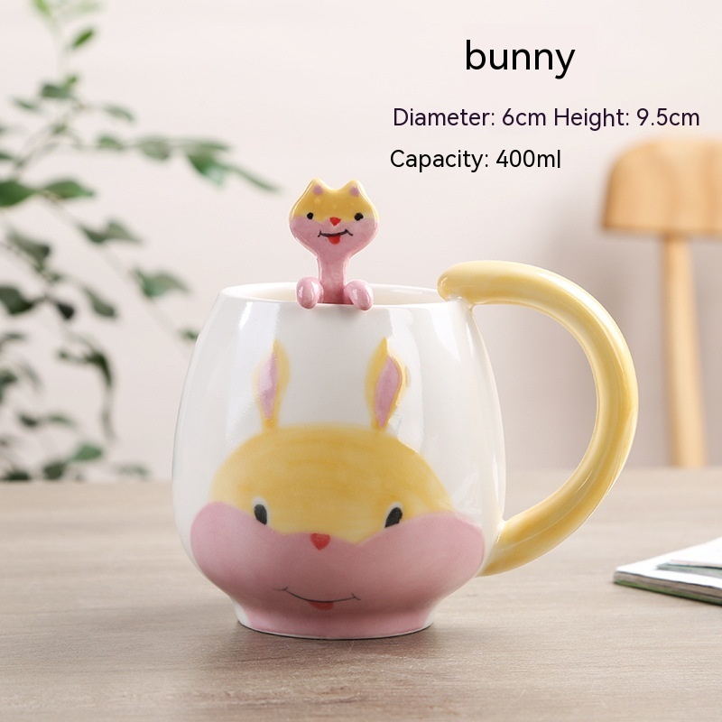 Söpö sarjakuvahahmoinen keraaminen muki – Eläinhahmo ja lusikka (301–400 ml) - Image 3